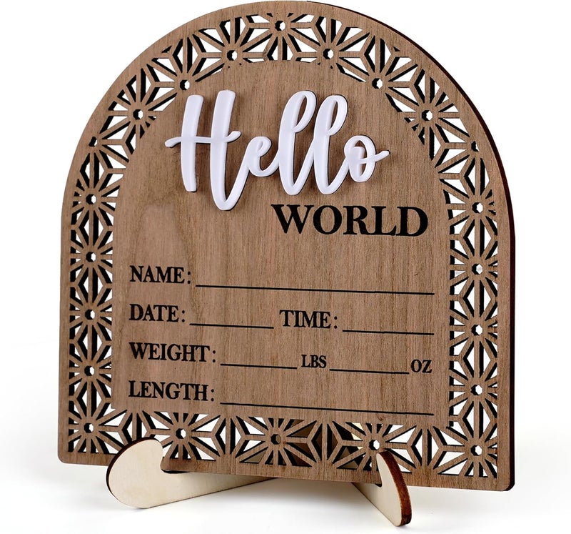HOUISM Bleed Proof Engineered Wood, 5.5 Inch Wooden Birth Announcement Sign with Easel Stand, 3D Arcylic Hello Sign, Newborn Announcement Plaque for Girl Boy Photo Prop Baby Shower Nursery Hospital - Rustic - Image 1